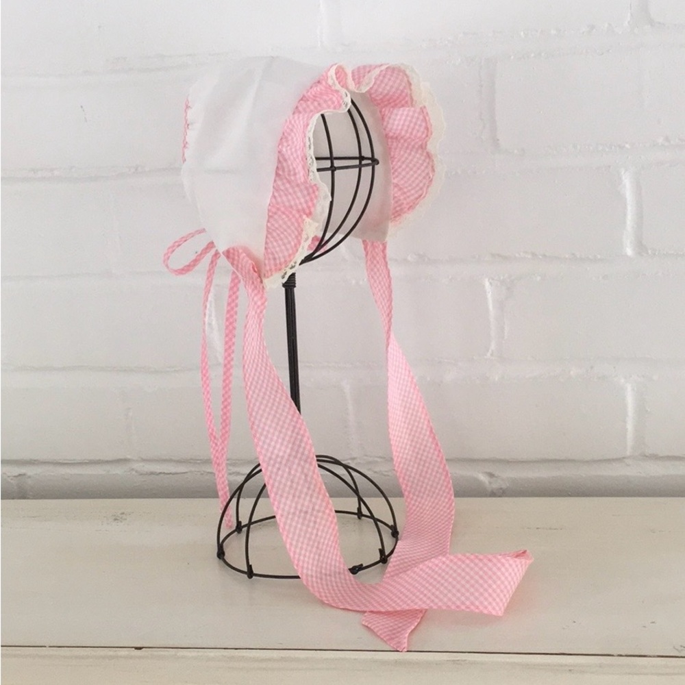 Classic Vintage Newborn Baby Spring Summer Pink And White Bonnet